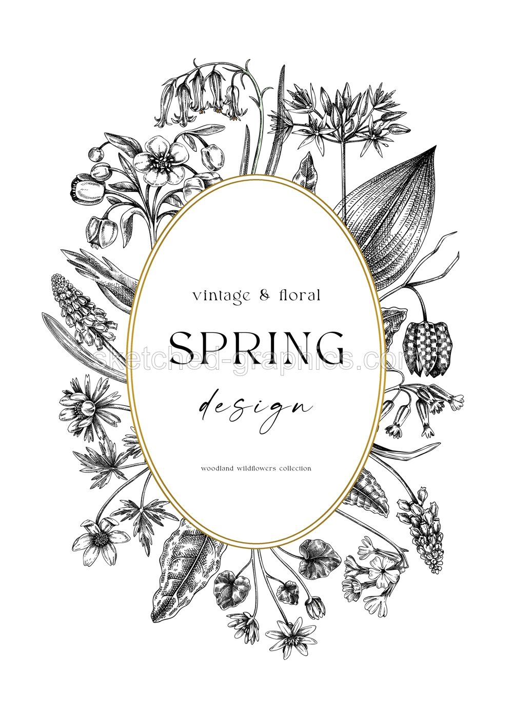 Delicate spring wreath. Wildflower sketches. Floral background. Elegant greeting card, wedding invitation design template. Hand drawn vector illustration, NOT AI Illustration